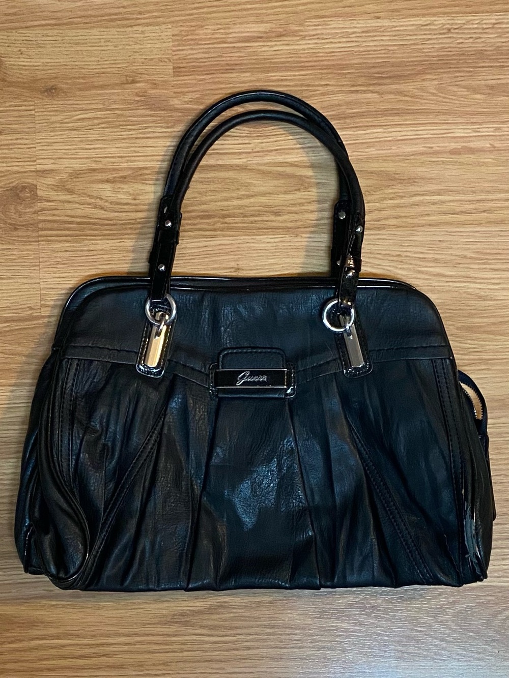 Guess Black Pleated Leather Shoulder Bag with Silver Hardware